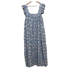 A New Day Blue Floral Linen Flutter Sleeve A-line Maxi Nap Dress Size Large